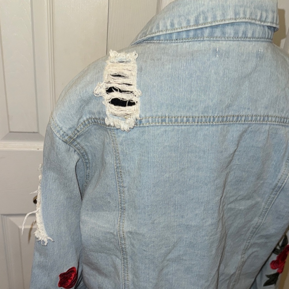 Say What? Light Blue Denim Jacket with Red Floral Accents - Picture 5 of 9
